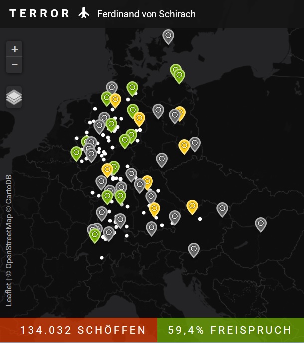 ドイツ全土の『テロ』上演結果マップ。無罪のみの場所は緑、有罪無罪混在は黄、有罪のみは赤（該当なし）©Gustav Kiepenheuer Bühnenvertriebs-GmbH