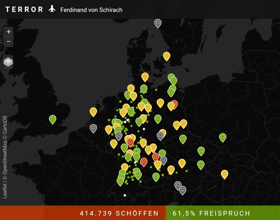 欧州での『テロ』上演結果マップ。無罪のみの場所は緑、有罪無罪混在は黄、有罪のみは赤で示される。©Gustav Kiepenheuer Bühnenvertriebs-GmbH